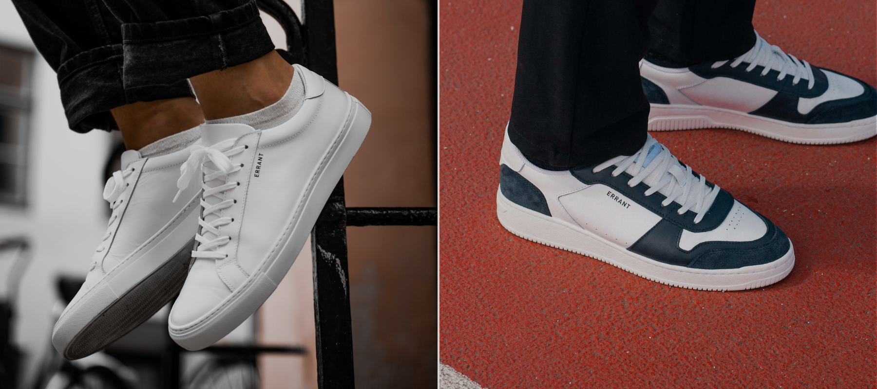 Venstre billede: Hvide sneakers på en sort stige.
Højre billede: Sorte og hvide sneakers på en rød overflade.