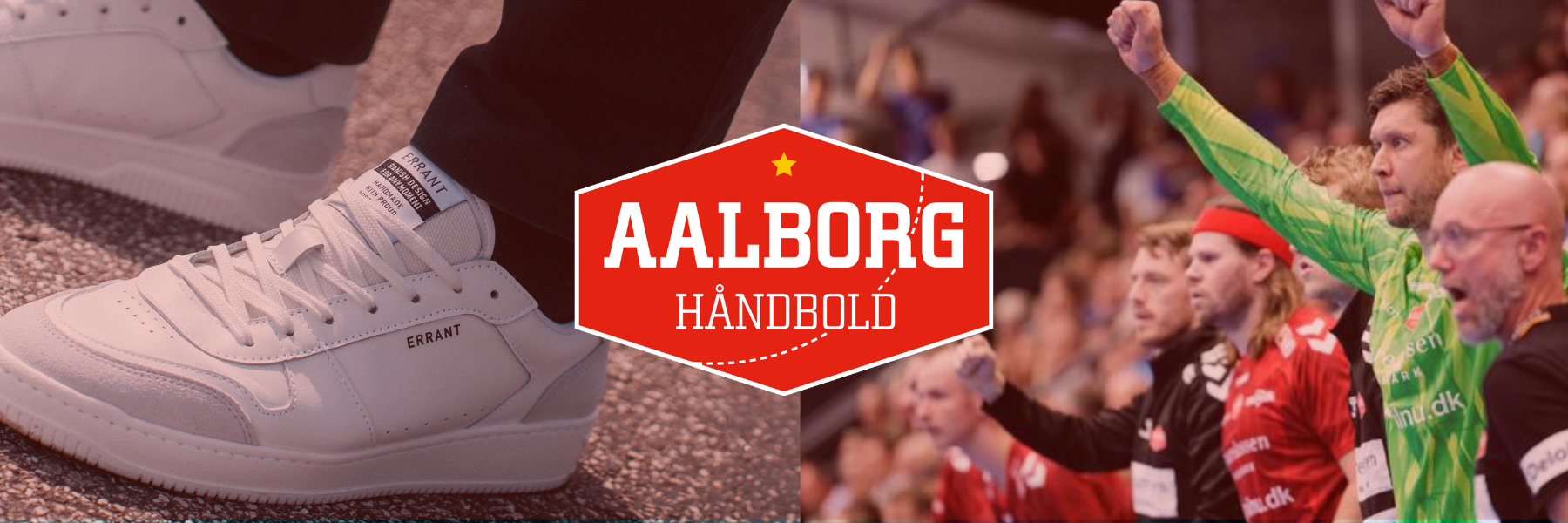 1. Hvide sneakers på asfalt.
2. Aalborg Håndbold logo.
3. Håndboldspillere jubler.