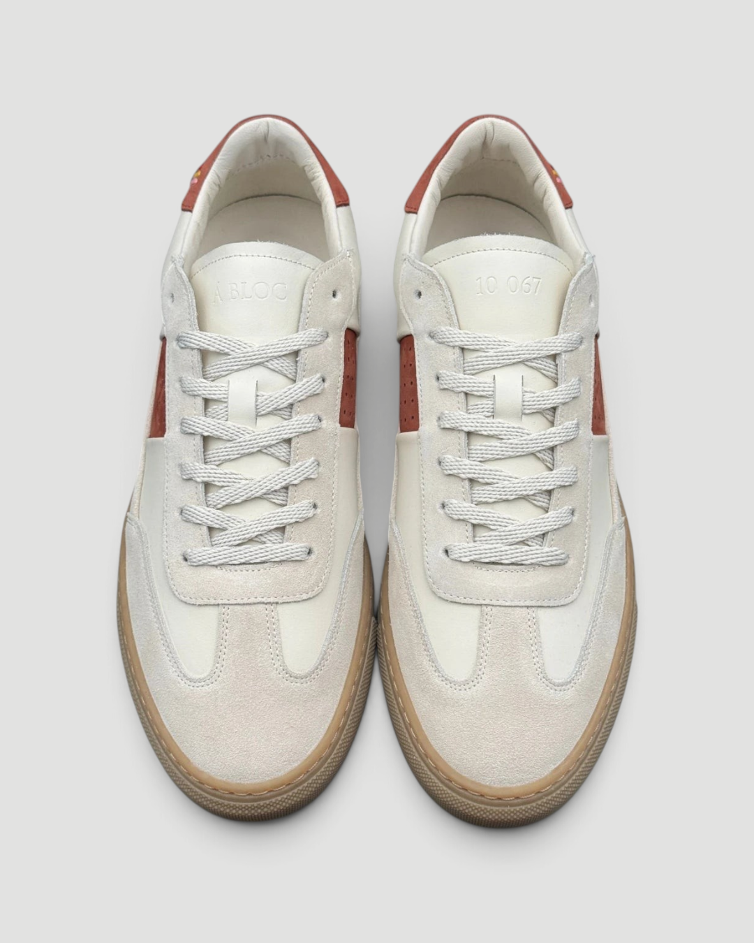Errant Lux Court Sneaker Grand Tour edition in off-white leather and suede with reddish-brown accents and gum sole
