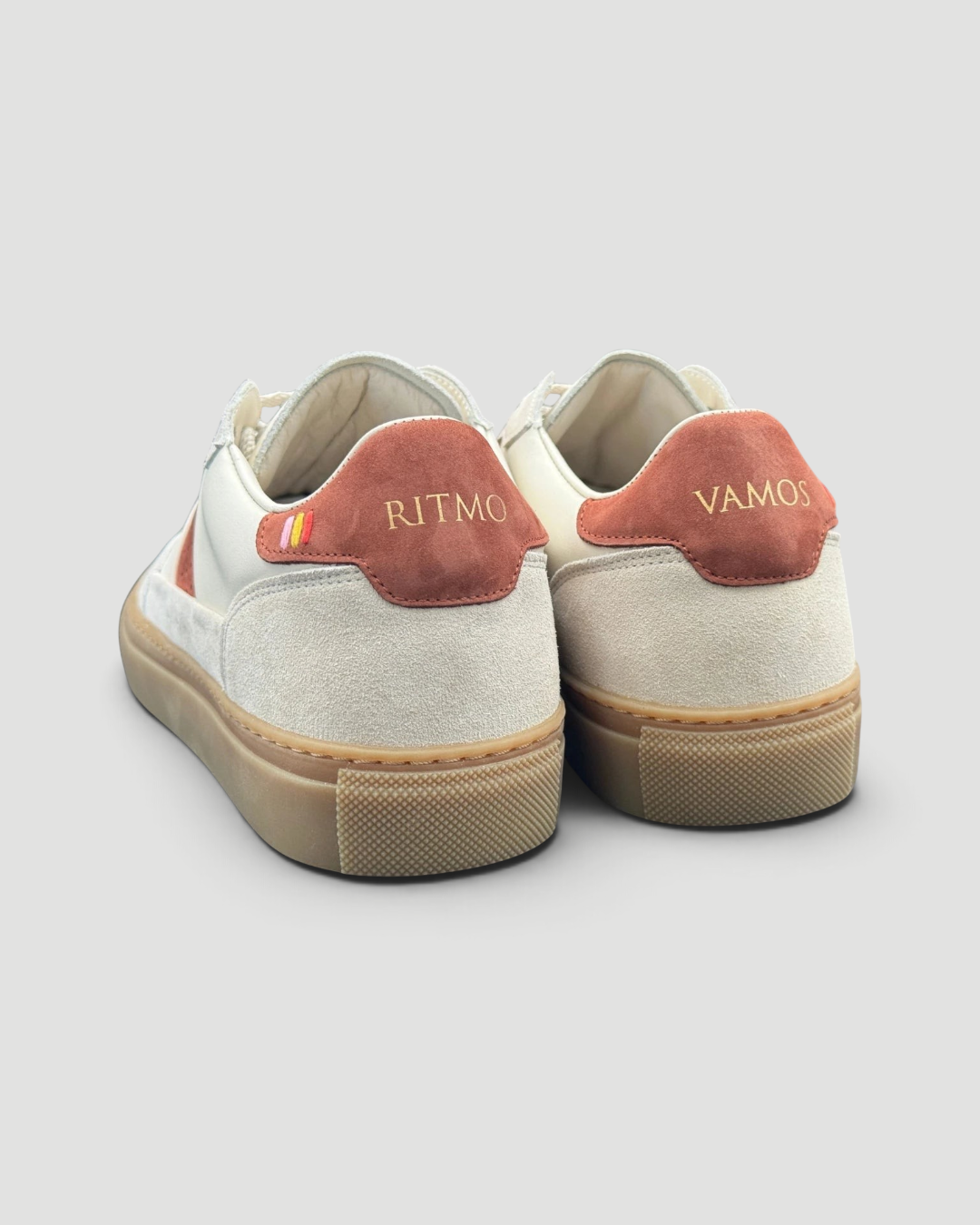 Errant Lux Court Sneaker Grand Tour edition in off-white leather and suede with red-brown heel tabs and gum soles.