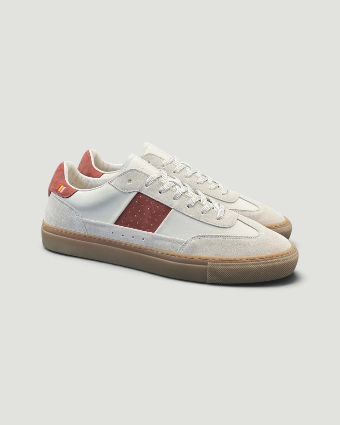 Errant Lux Court Sneaker Grand Tour edition in off-white leather and suede with reddish-brown panels and gum sole.