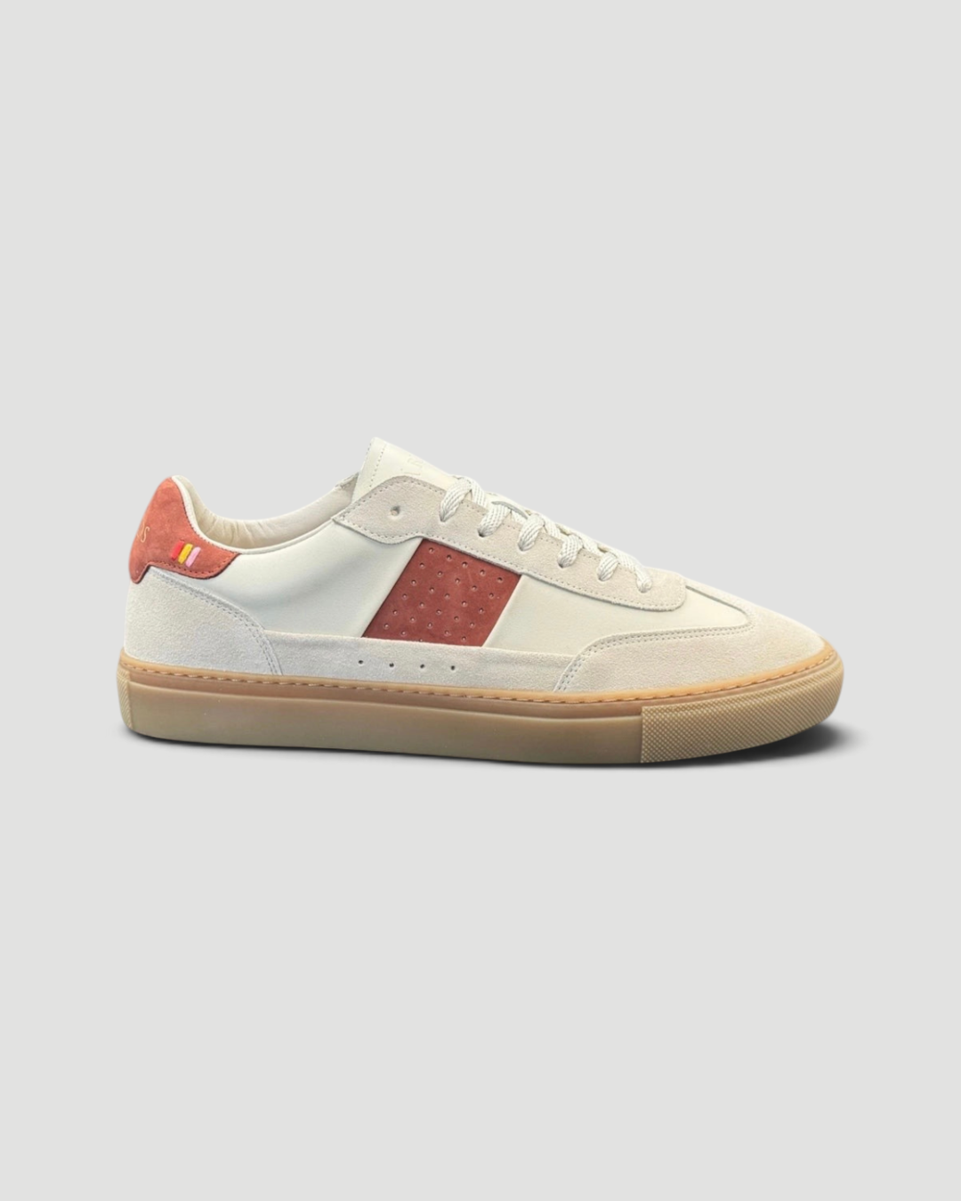 Errant Lux Court Sneaker in off-white leather and suede with dusty red-brown panels and a classic gum rubber sole.