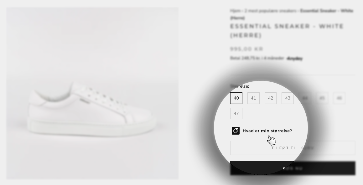 Billede af en hvid sneaker med størrelsesvalg.