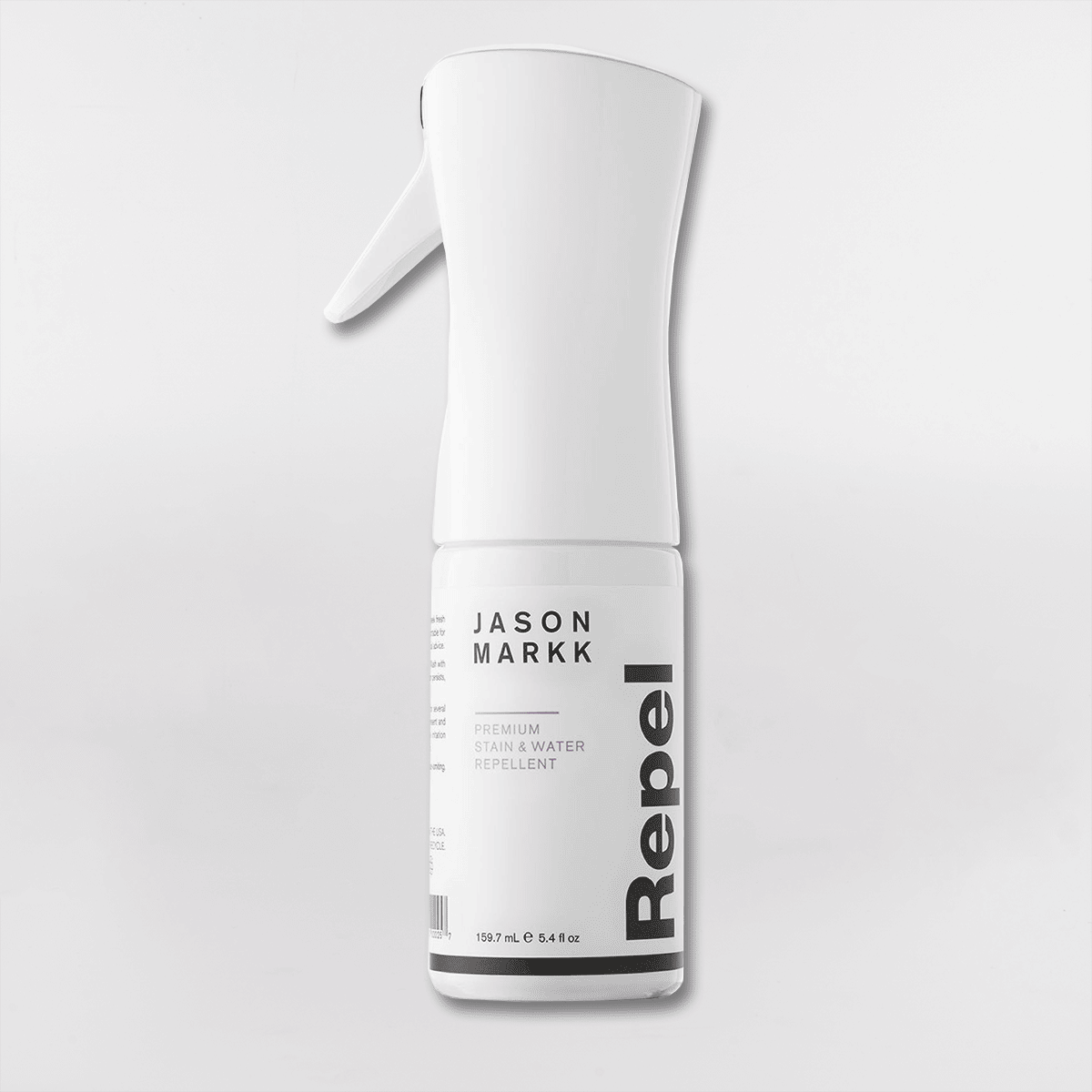 Billedet viser en hvid sprayflaske med mærket "Jason Markk Repel", som er et premium produkt til at beskytte mod pletter og vand.