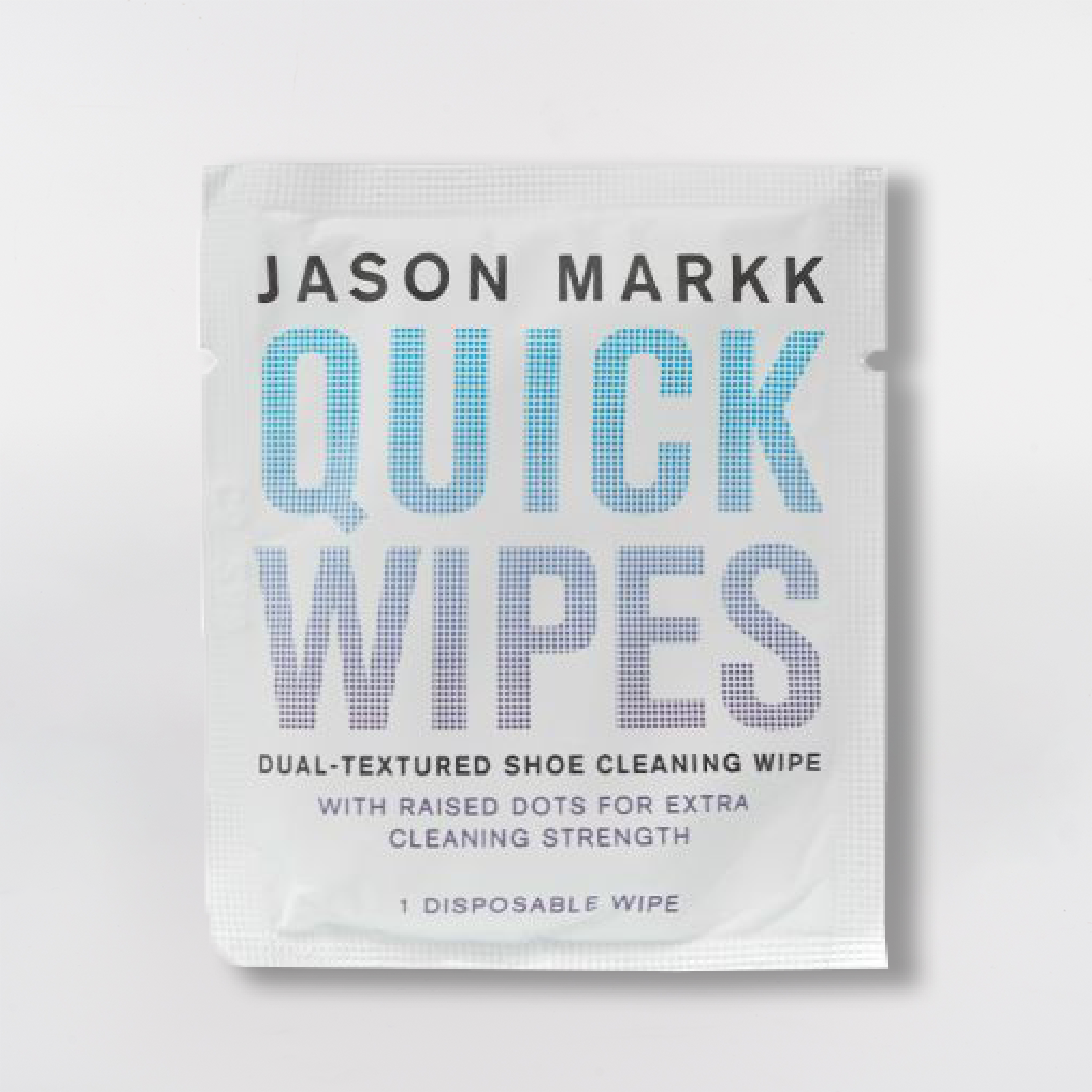 Billedet viser en pakke Jason Markk Quick Wipes, som er engangsservietter til rengøring af sko.