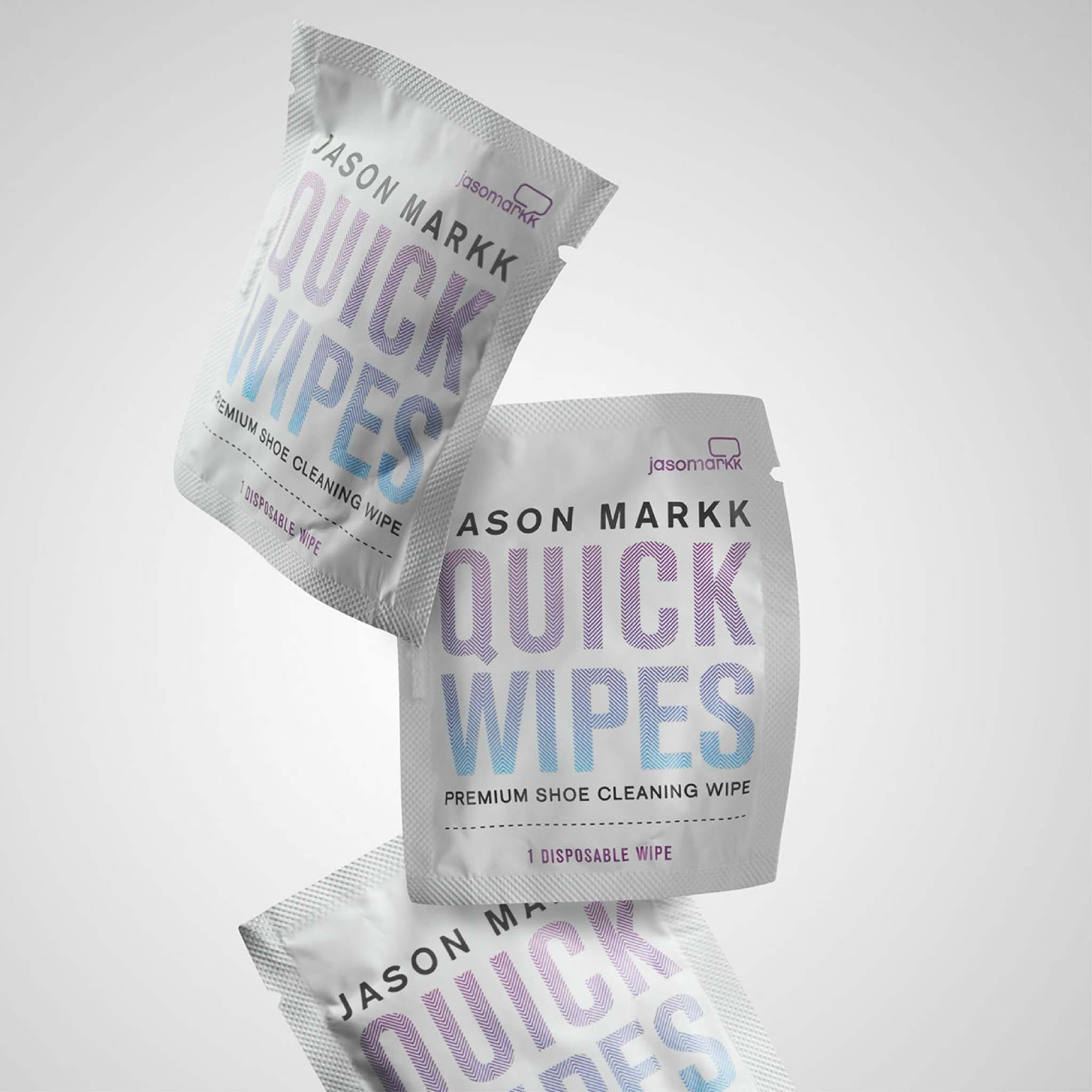 Billedet viser tre pakker af Jason Markk Quick Wipes, som er engangsservietter til rengøring af sko.
